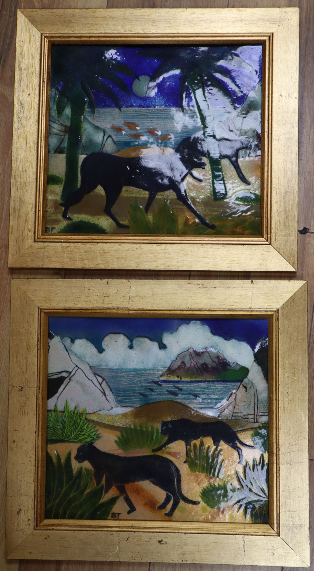 Beryl Turpin, pair of enamel on copper plaques, Night walkers and Big cats beach walking, initialled 25 x 27cm